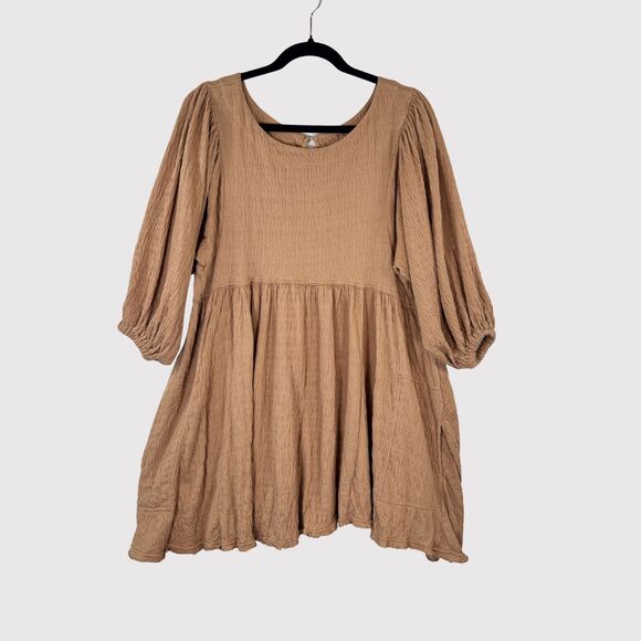 Free People Beach Dress Brown Get Obsessed Babydoll Mini Puff Sleeve A Line XS - Picture 2 of 11